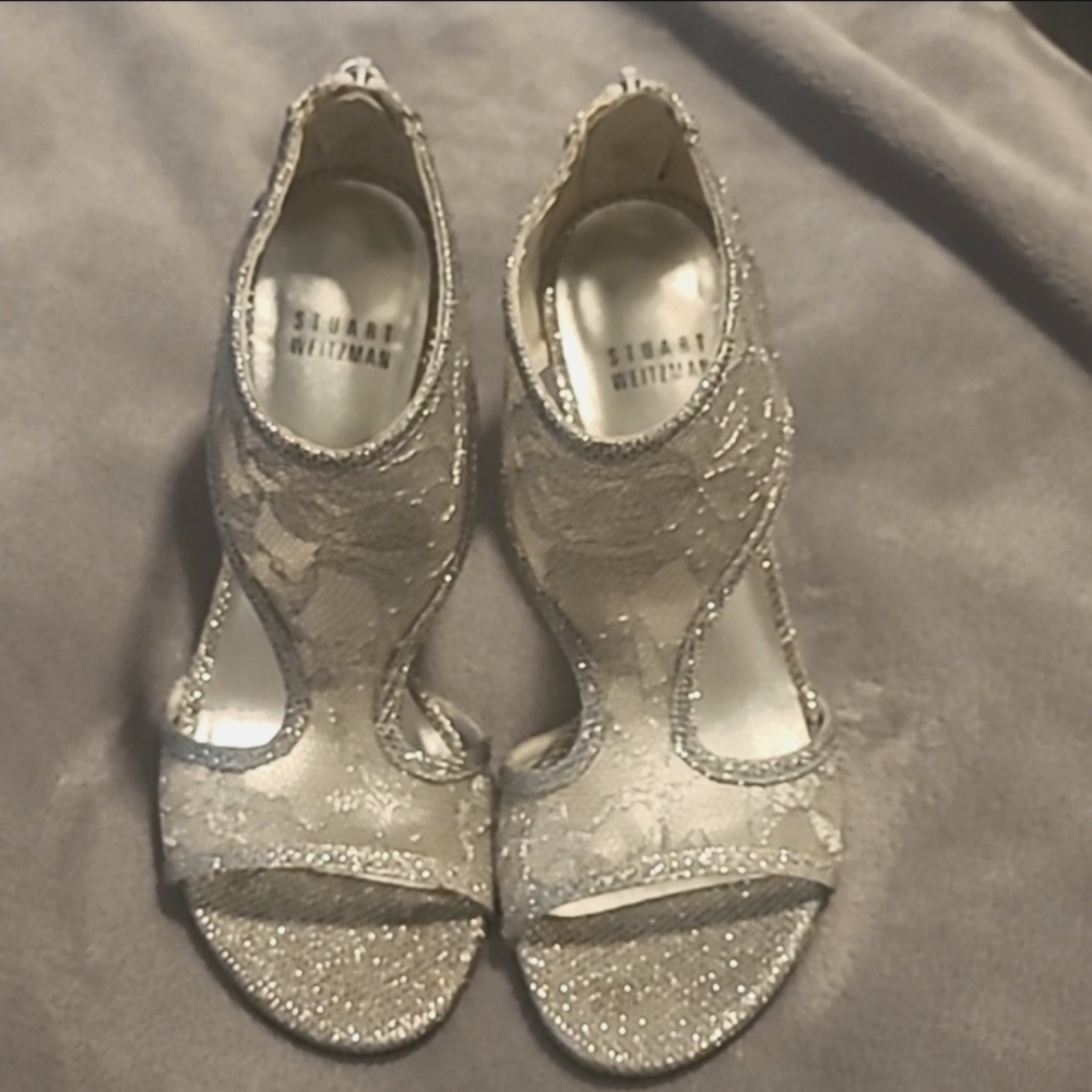 Elegant silver Lace zip up bath, 4 inch Heels Stewart Weitzman